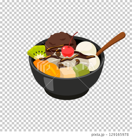 Anmitsu with brown sugar syrup (with spoon) - Flat vector illustration 129165978