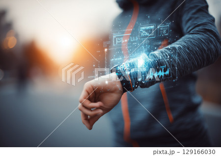 Digital Fitness Tracker Display on Wrist for Monitoring Health Stats and Activity Levels 129166030