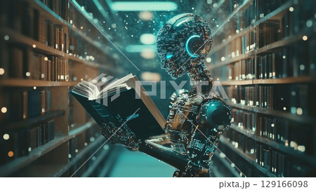 図書館で学ぶサイバーAIロボット 129166098