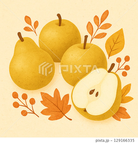 収穫した梨と紅葉の秋のイラスト（フレーム風） 129166335