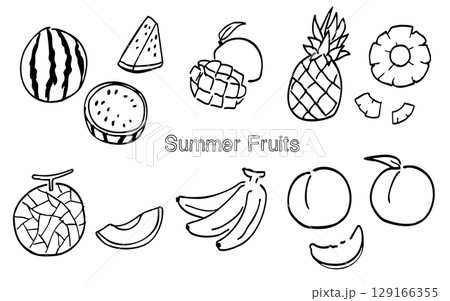 夏のフルーツの線画セット:塗り絵にも使えるシンプルなイラストレーション 夏のフルーツの線画セット:塗り絵にも使えるシンプルなイラストレーション 129166355