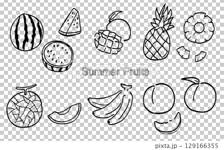 夏のフルーツの線画セット:塗り絵にも使えるシンプルなイラストレーション 夏のフルーツの線画セット:塗り絵にも使えるシンプルなイラストレーション 129166355