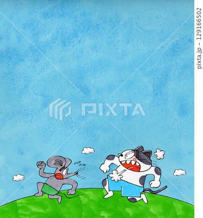追いかける猫と逃げるネズミのキャラクター　コピースペース (青空) 129166502