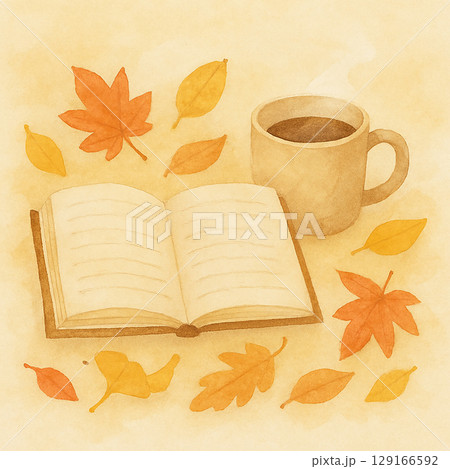 読書とコーヒーと紅葉の秋のイラスト 129166592