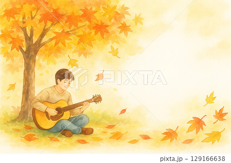 秋の紅葉の中でギターを弾く男性のイラスト 129166638