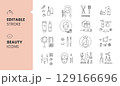 Vector illustration of beauty and cosmetology line art icons set, including makeup, skin care, and health elements with editable outline 129166696
