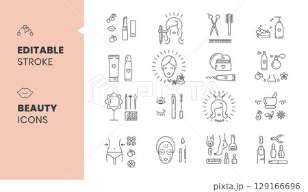 Vector illustration of beauty and cosmetology line art icons set, including makeup, skin care, and health elements with editable outline Vector illustration of beauty and cosmetology line art icons set, including makeup, skin care, and health elements with editable outline 129166696