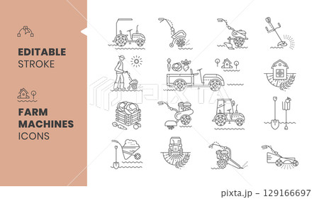 Farm machines, Agricultural machinery, farm linear icons with editable outline, Tractor, trimmers, cultivator, walk-behind tractor, plowing land. Vector illustration 129166697
