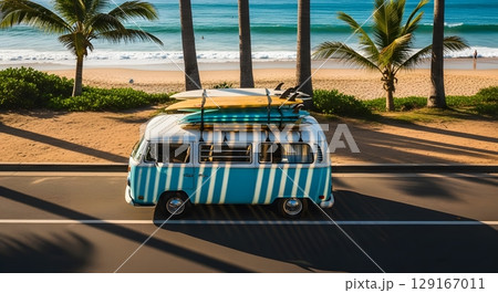 Vintage Blue And White Van With Surfboards Parked On Coastal Road With Beach And Palm Trees In The Background 129167011