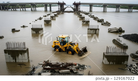 Yellow Bulldozer Operating On Bridge Construction Site With Concrete Pillars In Cloudy Environment 129167022