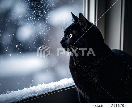 窓の外を眺める黒猫 129167032