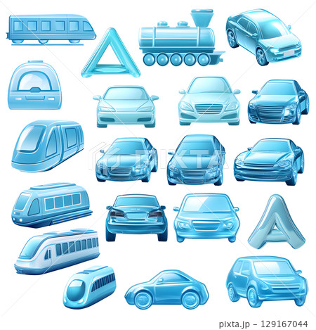 Set of blue transparent icons with infographic signs. Isolated 3D car sign on white background. 129167044
