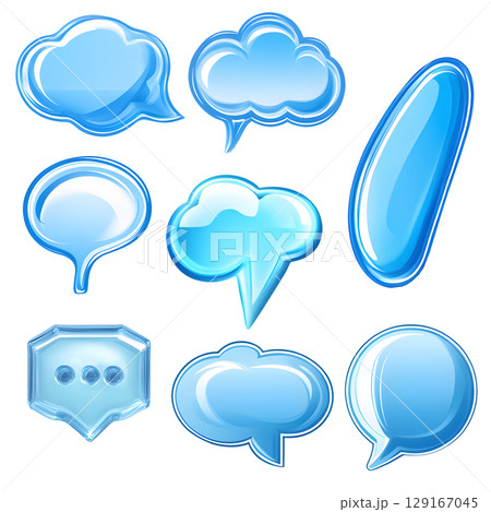 Set of blue transparent icons with infographic signs. Isolated 3D speech bubble on white background. 129167045
