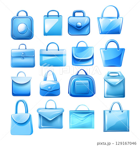 Set of blue transparent icons with infographic signs. Isolated 3D bag sign on white background. 129167046