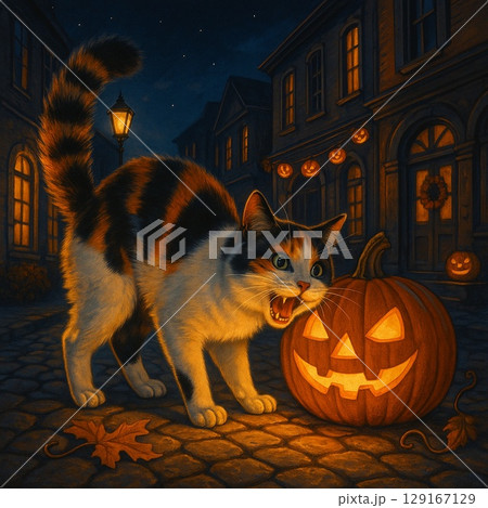 ハロウィン素材 シャー猫とジャックオランタン Generative AI ハロウィン素材 シャー猫とジャックオランタン Generative AI 129167129
