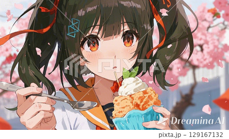 満開の桜とかき氷を食べる女の子 129167132