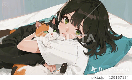 三毛猫をギュッとしている女の子 129167134