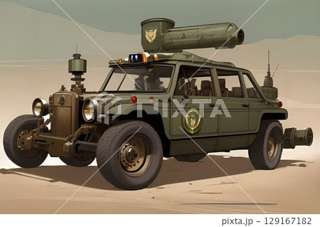 ゲーム背景　砂漠を走るスチームパンク軍事レトロジープ 129167182
