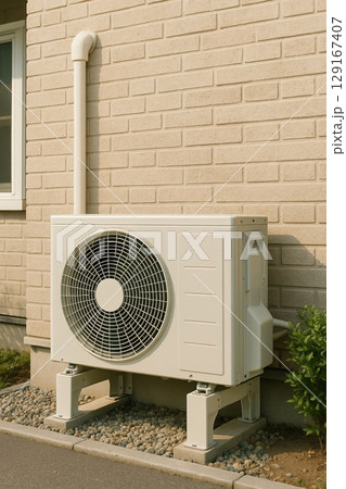 住宅の外壁に設置されたエアコン室外機 129167407