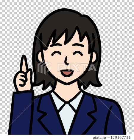 指差すスーツ姿の若い女性（笑顔） 129167731