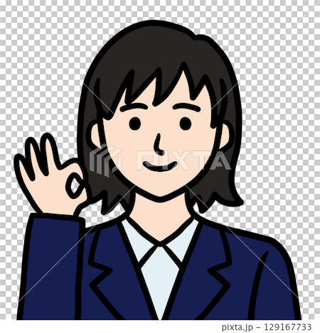 A young woman in a suit saying OK 129167733