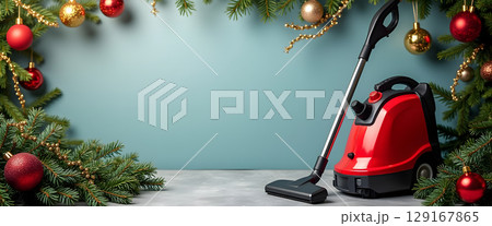 Vacuum cleaner with fir branches, ornaments, and lights for a festive Christmas feel 129167865