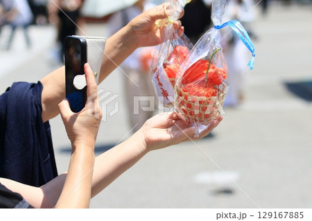 ほおずきの実を撮影する観光客　浅草寺のほおずき市 129167885