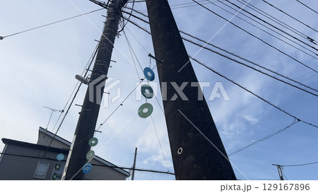 アートな鳥よけCDと電線電柱 129167896