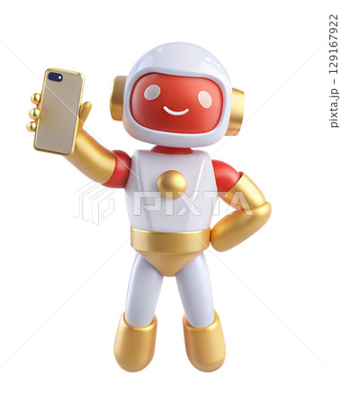 3D futuristic robot holding smartphone isolated on white background 129167922