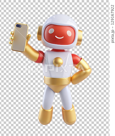 3D futuristic robot holding smartphone isolated on white background 129167922