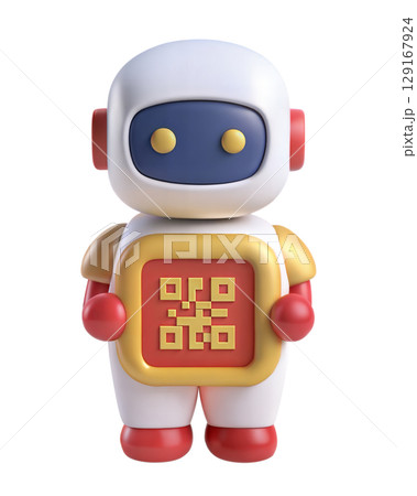 3D futuristic robot holding QR code isolated on white background 129167924