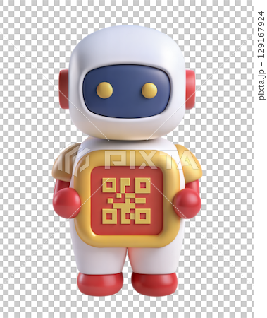 3D futuristic robot holding QR code isolated on white background 129167924