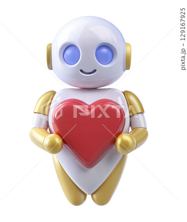 3D futuristic robot with heart isolated on white background 129167925