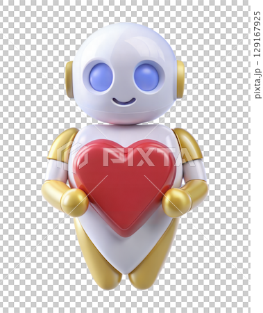 3D futuristic robot with heart isolated on white background 129167925