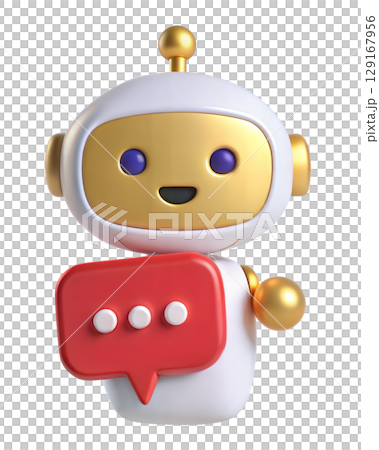 3D robot holding chat bubble with three dots isolated on white background 129167956