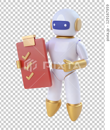 3D icon of futuristic robot holding checklist isolated on white background 129167959