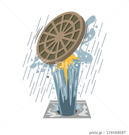 吹き飛ぶマンホールのフタ 129168087