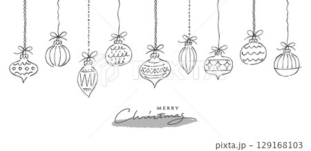 つり下がったクリスマスオーナメントのイラストセット。ラフな落書きスタイルの線画。 129168103
