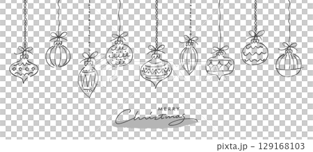 つり下がったクリスマスオーナメントのイラストセット。ラフな落書きスタイルの線画。 129168103