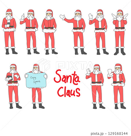 set of slim santa claus activity illustration vector hand drawn with black lines isolated on white background. 129168144