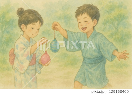 水風船で遊ぶ浴衣の子どもたち 129168400