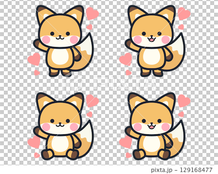 Cute mini fox illustration set with hearts 129168477