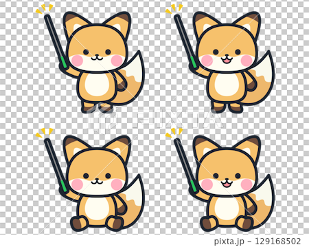 Illustration set of cute mini foxes holding a pointer 129168502