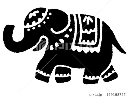 お祭りのインドゾウ。素朴な手描きのシルエット。 129168735