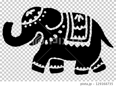お祭りのインドゾウ。素朴な手描きのシルエット。 129168735