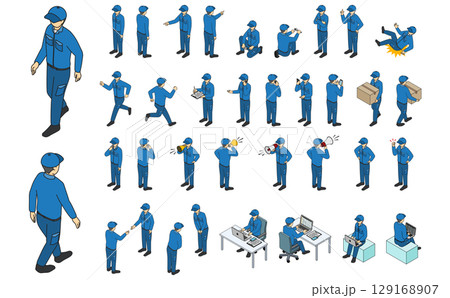 アイソメトリックイラスト：作業員セットアウトライン男性 129168907