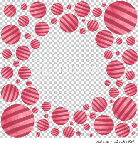 Playful circular frame made of watercolor striped balls in red tones. Perfect for decorative layouts, baby shower invitations, greeting cards, scrapbook designs, and minimalist graphic compositions 129168954