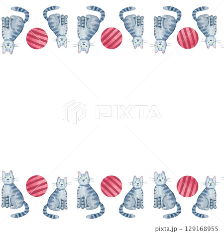 Sitting gray tabby cat with red striped ball seamless horizontal border. Cute watercolor illustration isolated on white. Hand-painted perfect for kids product, pet-themed design, greeting card 129168955
