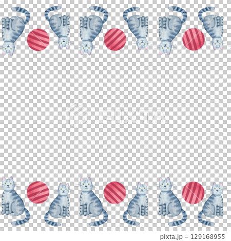 Sitting gray tabby cat with red striped ball seamless horizontal border. Cute watercolor illustration isolated on white. Hand-painted perfect for kids product, pet-themed design, greeting card 129168955