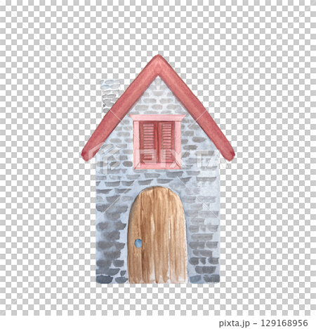 Stone house with a red roof, wooden door, closed window with red shutters, and chimney watercolor art isolated on white. Perfect for fairytale maps, children books, rural scenes, rural architecture Stone house with a red roof, wooden door, closed window with red shutters, and chimney watercolor art isolated on white. Perfect for fairytale maps, children books, rural scenes, rural architecture 129168956